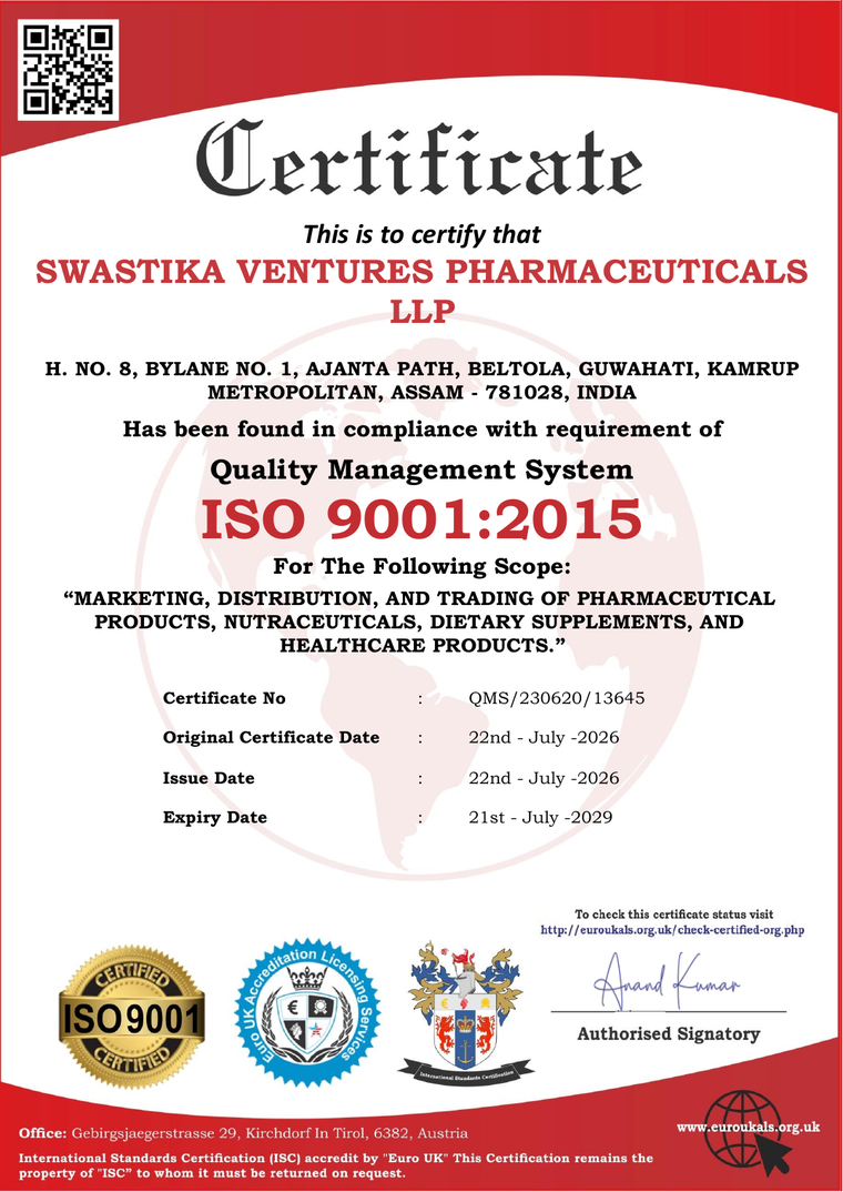 ISO 9001:2015 Certificate awarded to Swastika Ventures Pharmaceuticals LLP